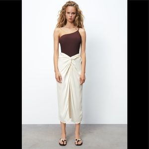 Zara satin knot twist high waist white ecru midi skirt slit dress